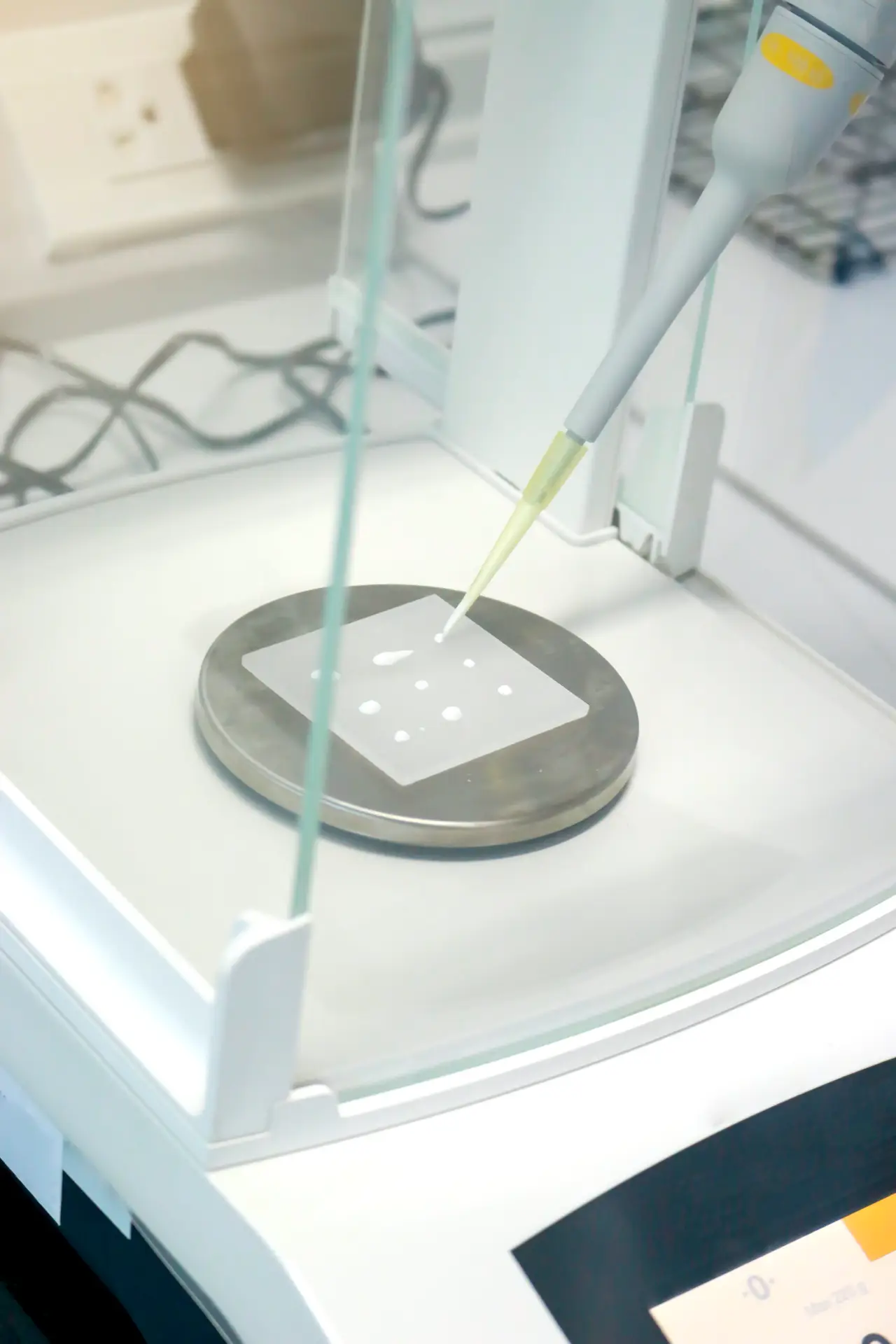 Aplicación de una muestra de protector solar sobre una placa de PMMA para un ensayo de SPF in vitro